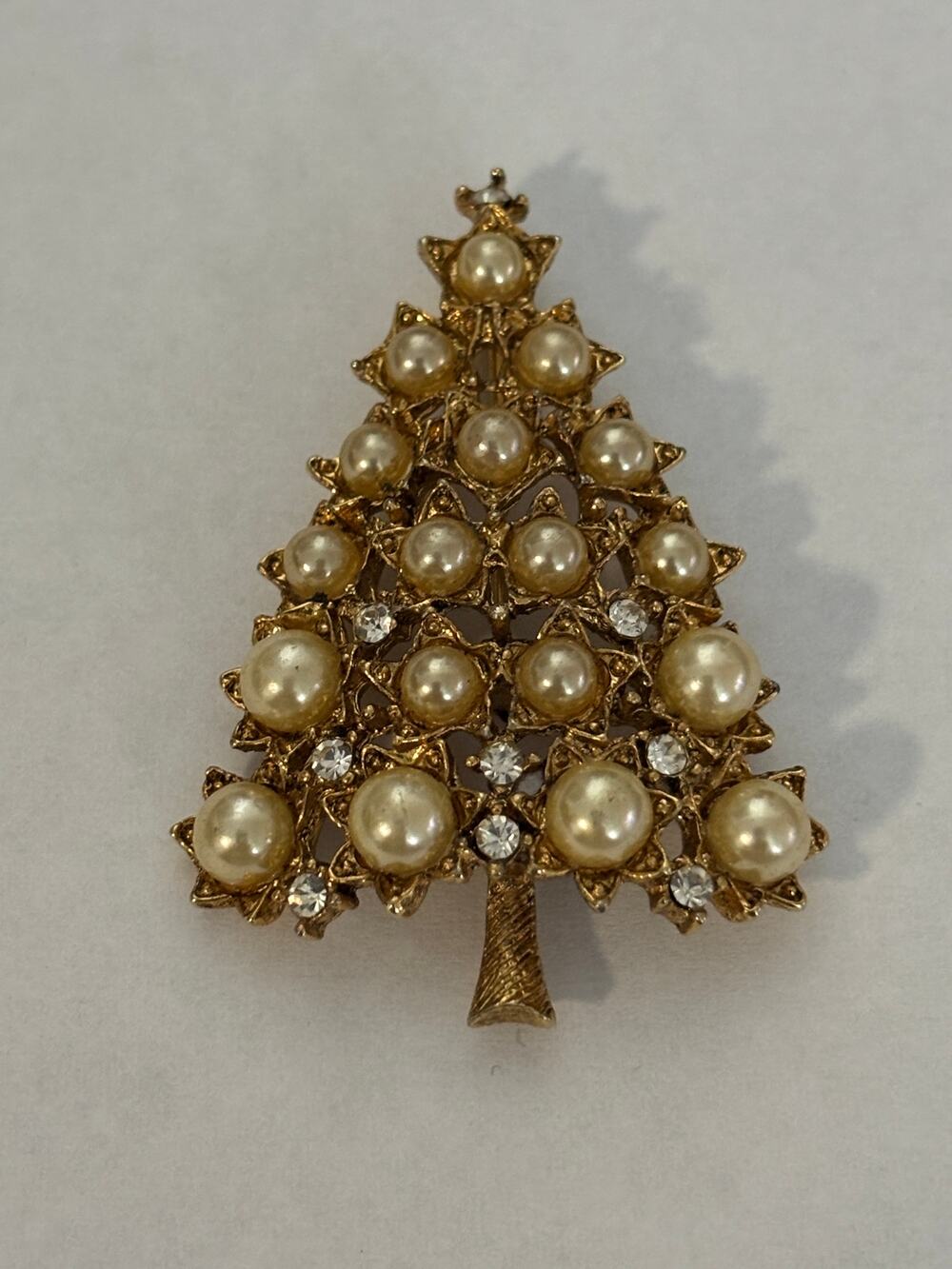 Vintage Graziano Christmas Tree Brooch Rhinestones Faux Pearls